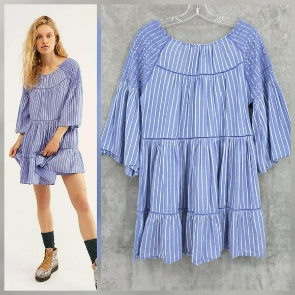 Free People Lola Embroidered Mini Dress S Blue White Stripes Cutout Back Tassels - Picture 1 of 14
